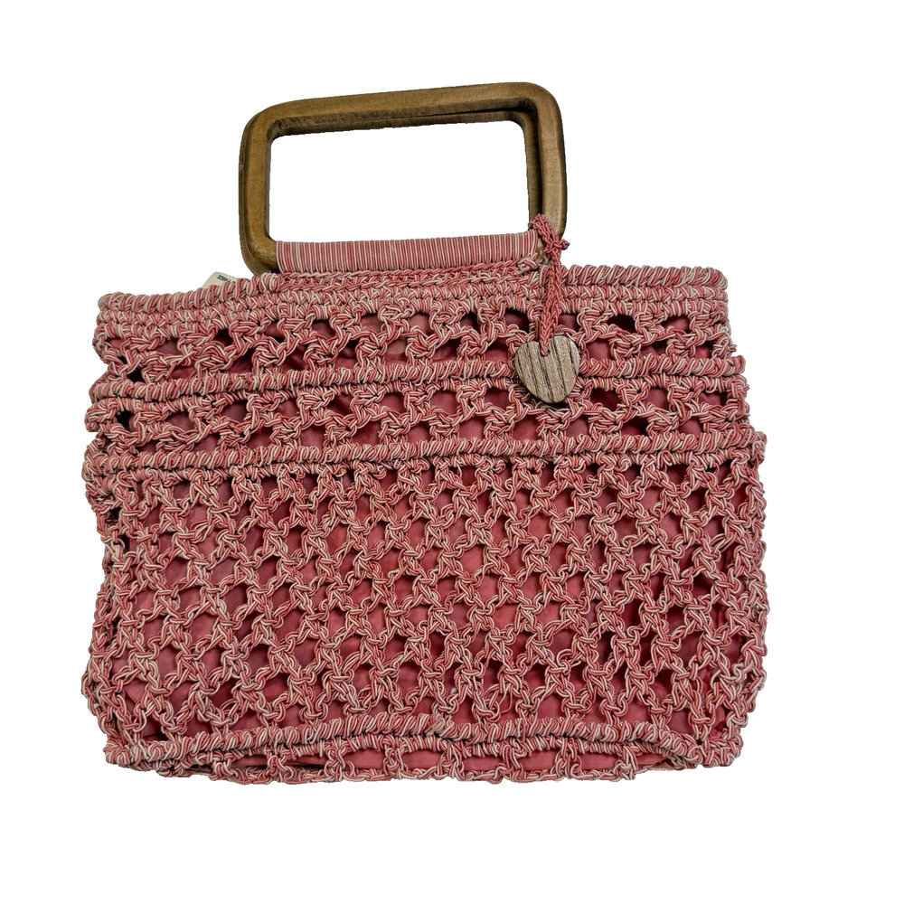 NWT Vintage Crochet Knit Pink Handbag Wooden Handle 12x10x2 Purse Boho Hippie‎